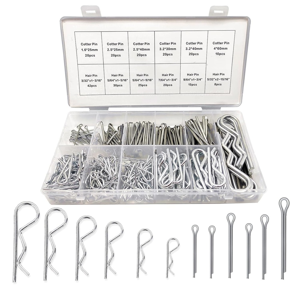 Boatsea 250Pcs Cotter Pin Assortment Kit R Clips Spring Retaining Hair Pins Assortment Kit, Including 6 Sizes 110PCS Cotter Pins and 6 Sizes 140PCS Hairpin Pins, Zinc-Plated
