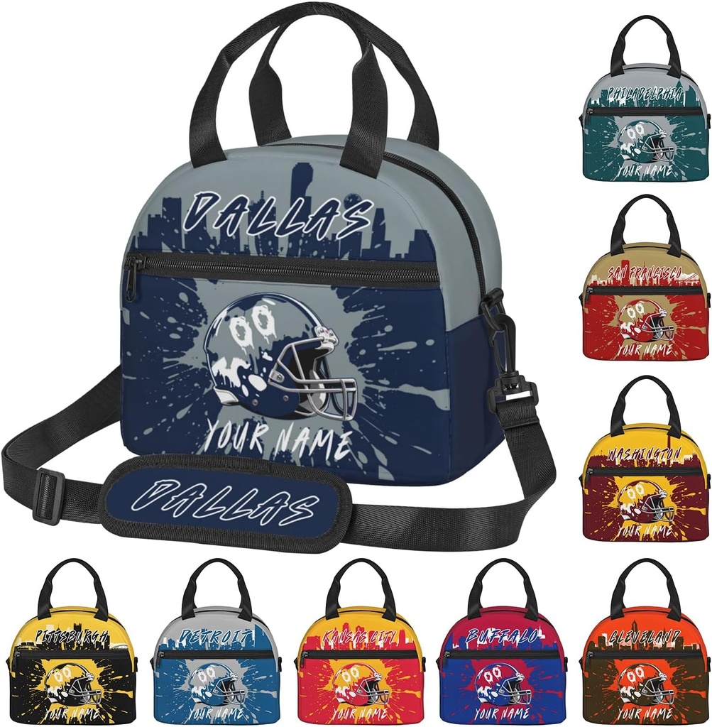 Custom Dallas Lunch Bag Portable Lunch Tote Box with Adjustable Shoulder Strap & Handle Personalized Name Number Gifts for Men Women Fans