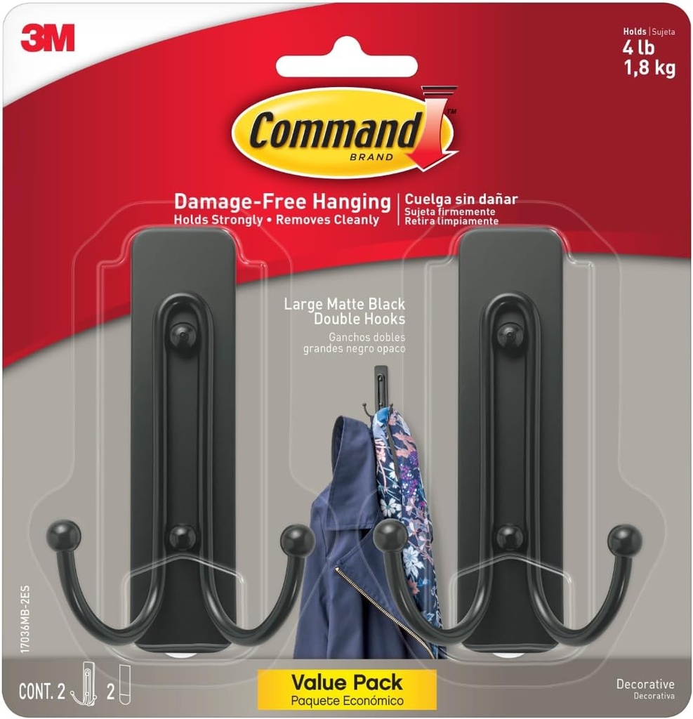 Command Large Matte Black Double Hooks, 2 Hooks and 2 Command Strips, Damage Free Hanging Wall Hooks with Adhesive Strips, No Tools Coat Hooks for Hanging Home Decor, Holds up to 4 lb