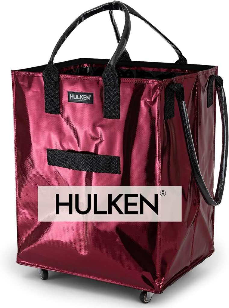HULKEN - (Large, Cosmic Red Reusable Grocery Bag On Wheels, Shopping Trolley, Rolling Tote, Zipper Closure, Lightweight, Carries Up to 66 lb, Folds Flat, Unbreakable Handles