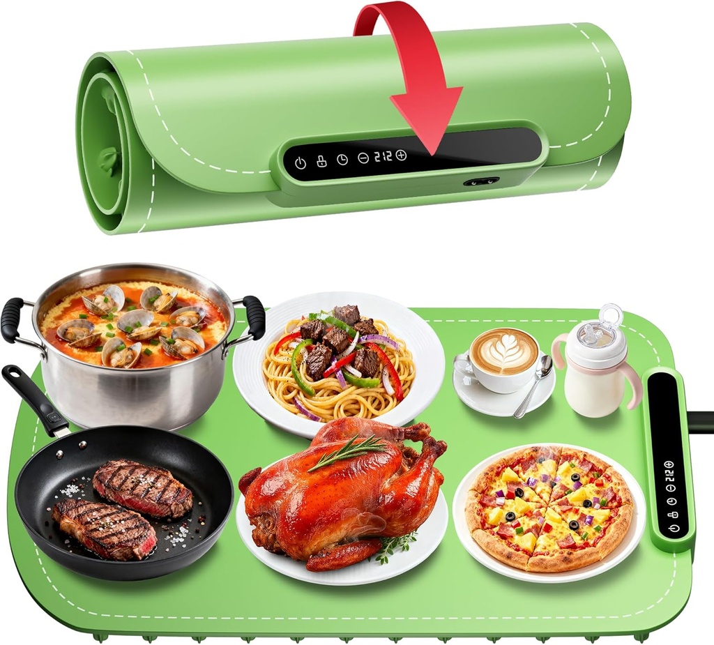 Warming Mat for Food, Upgraded Fast-Heating Electric Warming Tray with 7 Temp Levels & 8 Timers, Buffet Raised Feet & Rollable Silicone Heat Pad, Portable Food Warmer for Home, Party & Travel(Green)
