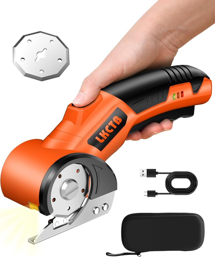 Electric Cardboard Cutter Scissors with LED Light, 2600mAh Rechargeable Battery, Brushless Motor, Tungsten Steel Blade, Cuts Cloth, Leather, Carpet, light orange