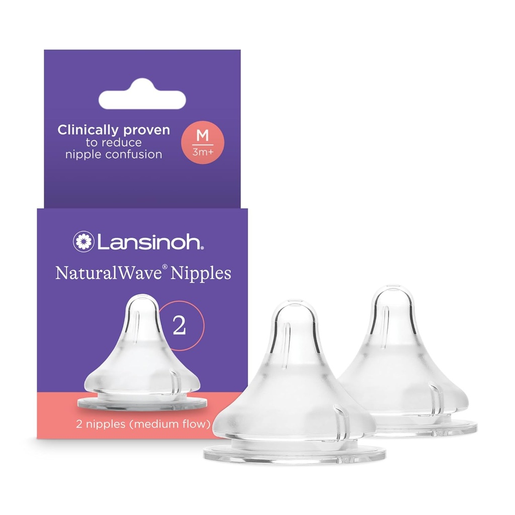 Lansinoh NaturalWave Baby Bottle Nipples – 100% Soft, Durable Silicone, Made Without BPA BPS, Anti-Colic, Supports Baby’s Developing Mouth and Teeth, Medium Flow, Size M, 2 Count, 3+ Months