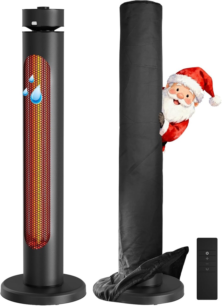 Portable Heater Outdoor Infrared 1500W 8 Heat Levels 8H Timers Carbon Fiber Tube Tip-Over&Overheat Protection IP65 Waterproof Electric Garden Heater, Deep Black