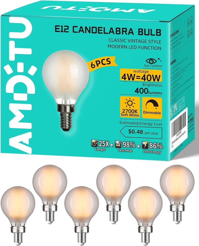 AMDTU 40W E12 Frosted Globe LED Bulbs, 2700K Warm White Dimmable Candelabra Base, Eye-Comfort Technology, Flicker-Free Decorative Lighting for Chandeliers, Dining Room, Vanity, and Bathroom Fixtures