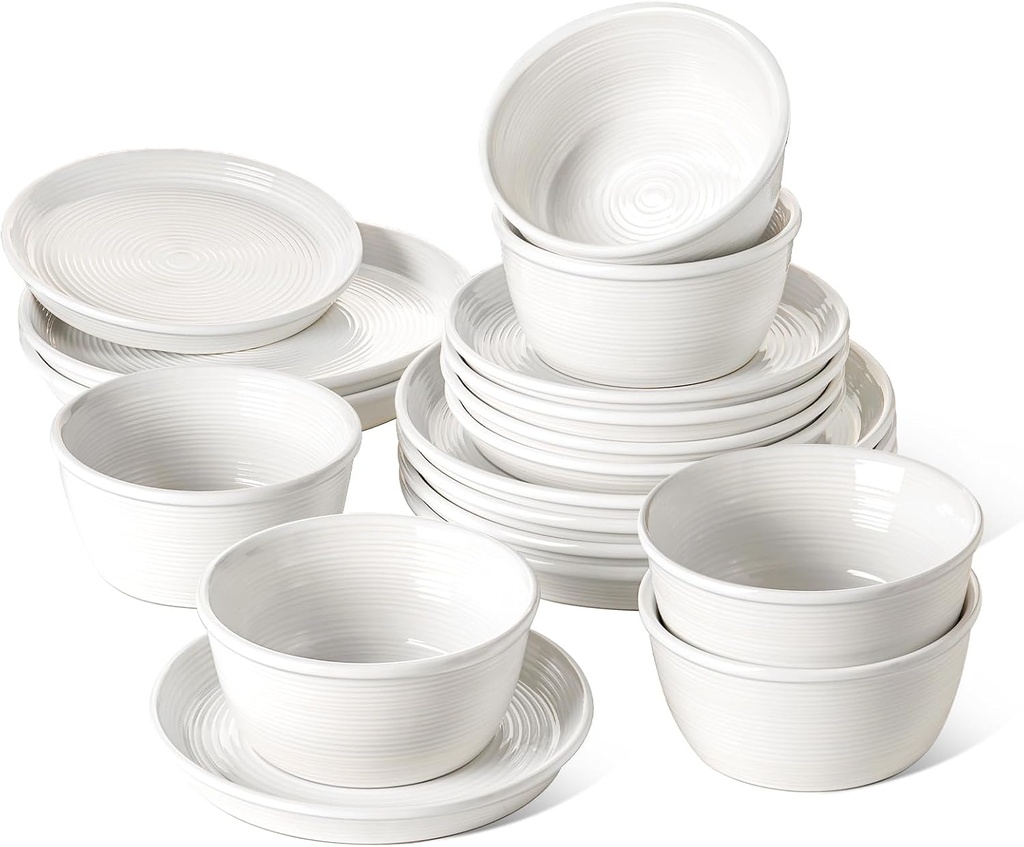 LE TAUCI Dishes Set for 6, Stoneware Plates and Bowls Set, 10" Dinner & 8" Salad Plates, 6" Bowls, Stackable, Microwave & Dishwasher Safe Ceramic Dinnerware, 18-Piece, White