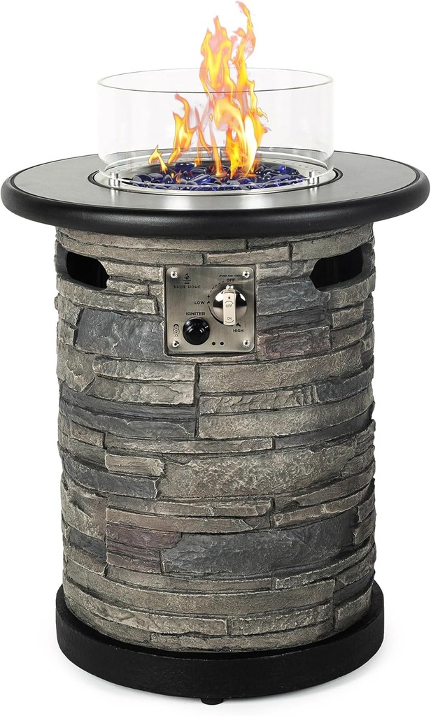 Outdoor Propane Fire Pit Table, Round Porcelain Tile Top 22" Fire Bowl Column W/ 40,000 BTU Firepit Table Auto-Ignition 400D Cover Glass Rocks for Outside Patio