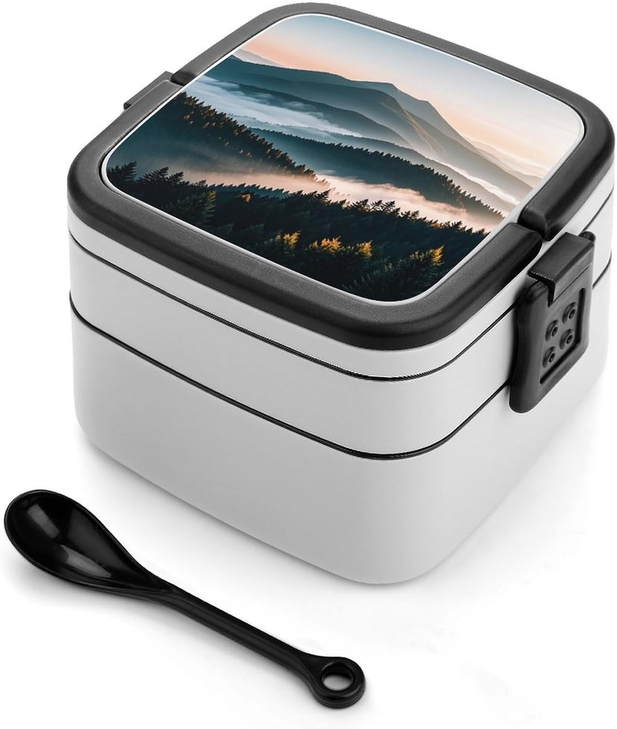 Bento Box Stackable 2 Layers Containers Adult Lunch Box Natural Mist Mountain Tree Lunchbox for Women Men All-in-One Meal Prep Containers Leakproof Lunch Containers for Work