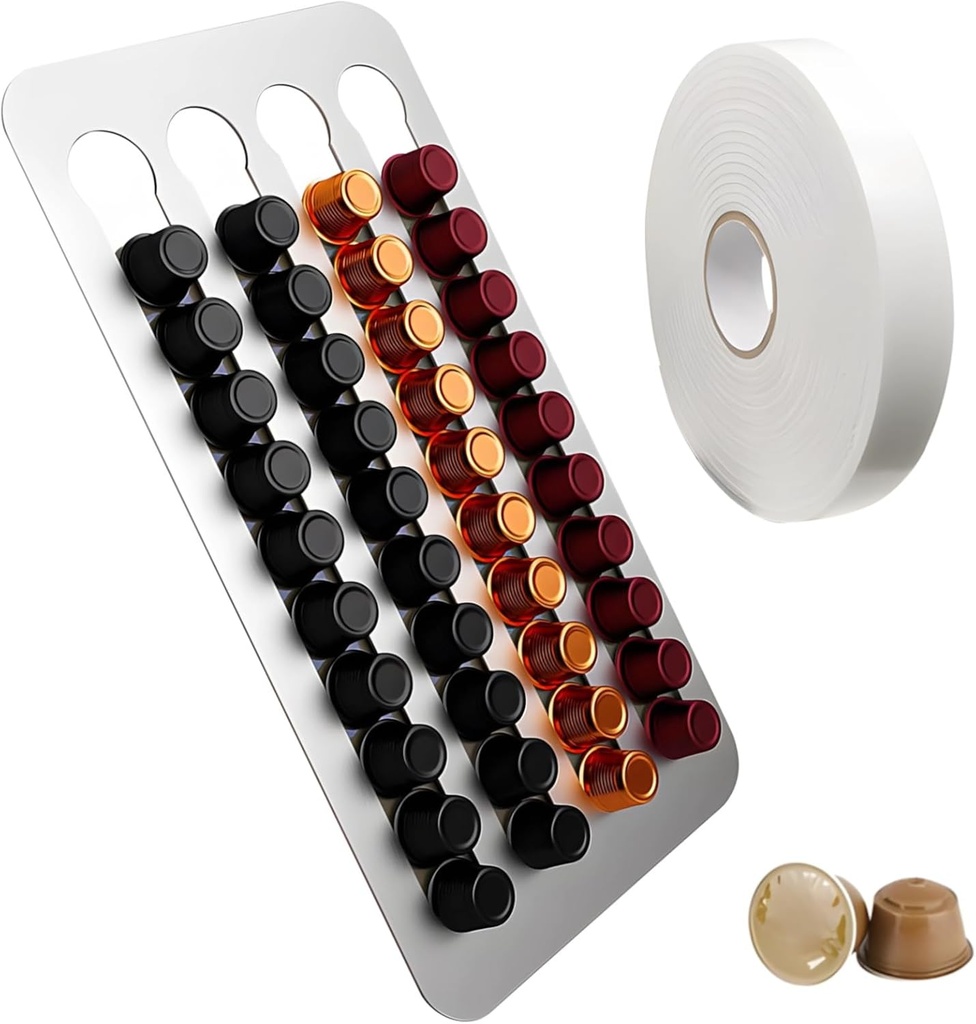 Pod Holder, Wall-Mounted Coffee Pod Organizer, Sleek Stainless Steel Finish, holds Up to 40 Pods, Space-Saving Design, Includes Adhesive Tape