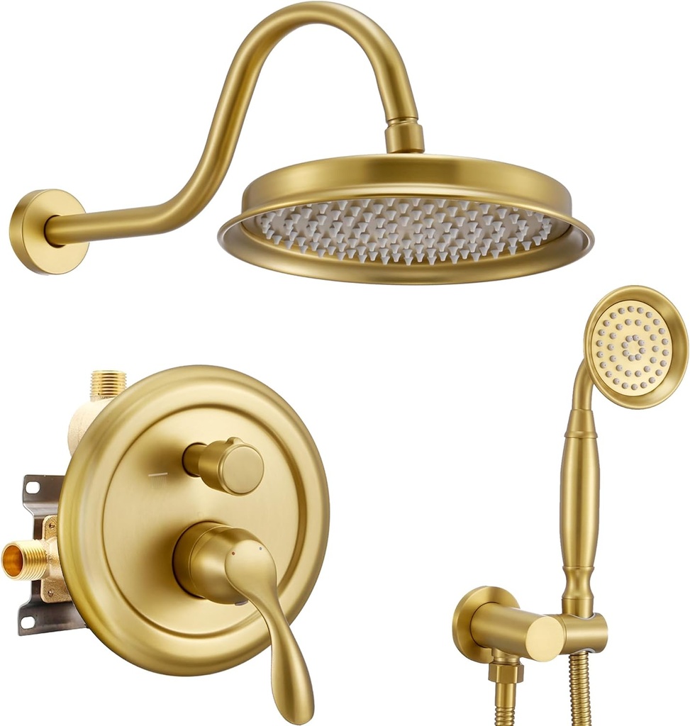 DASAN Brushed Gold Rain Shower System Complete Antique Shower Faucet Sets, Brushed Gold Shower Fixtures Combo with Pressure Balance Valve, Trim Kit, 9'' Rainfall Overhead Shower & Handheld, AT209W-BTG