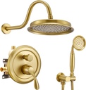 DASAN Brushed Gold Rain Shower System Complete Antique Shower Faucet Sets, Brushed Gold Shower Fixtures Combo with Pressure Balance Valve, Trim Kit, 9'' Rainfall Overhead Shower & Handheld, AT209W-BTG