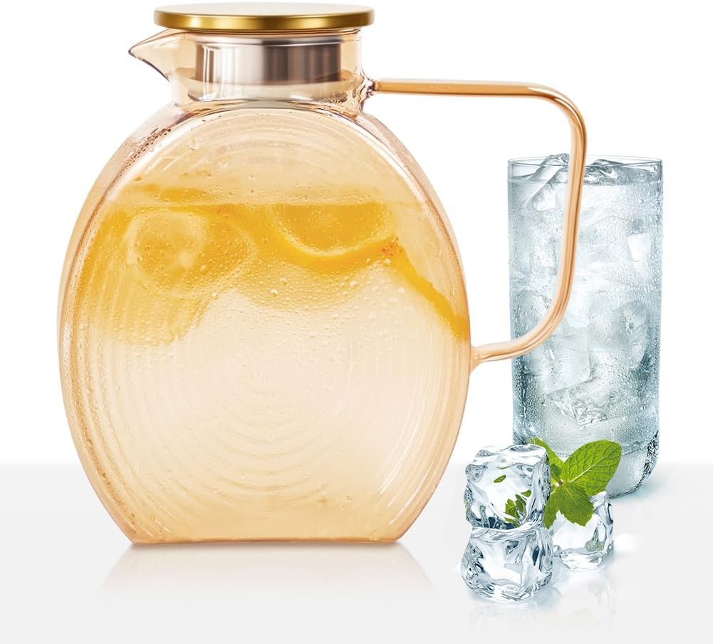 2.5 Liter 85 oz Glass Pitcher with Lid and Spout, Borosilicate Heat-Resistant Carafe for Hot and Cold Beverages, Large Iced Tea,Coffee,Juice,Leak-proof Water Pitcher with Handle for Fridge Serving