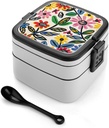 Bento Box Stackable 2 Layers Containers Adult Lunch Box Bright Flower Pattern Lunchbox for Women Men All-in-One Meal Prep Containers Leakproof Lunch Containers for Work