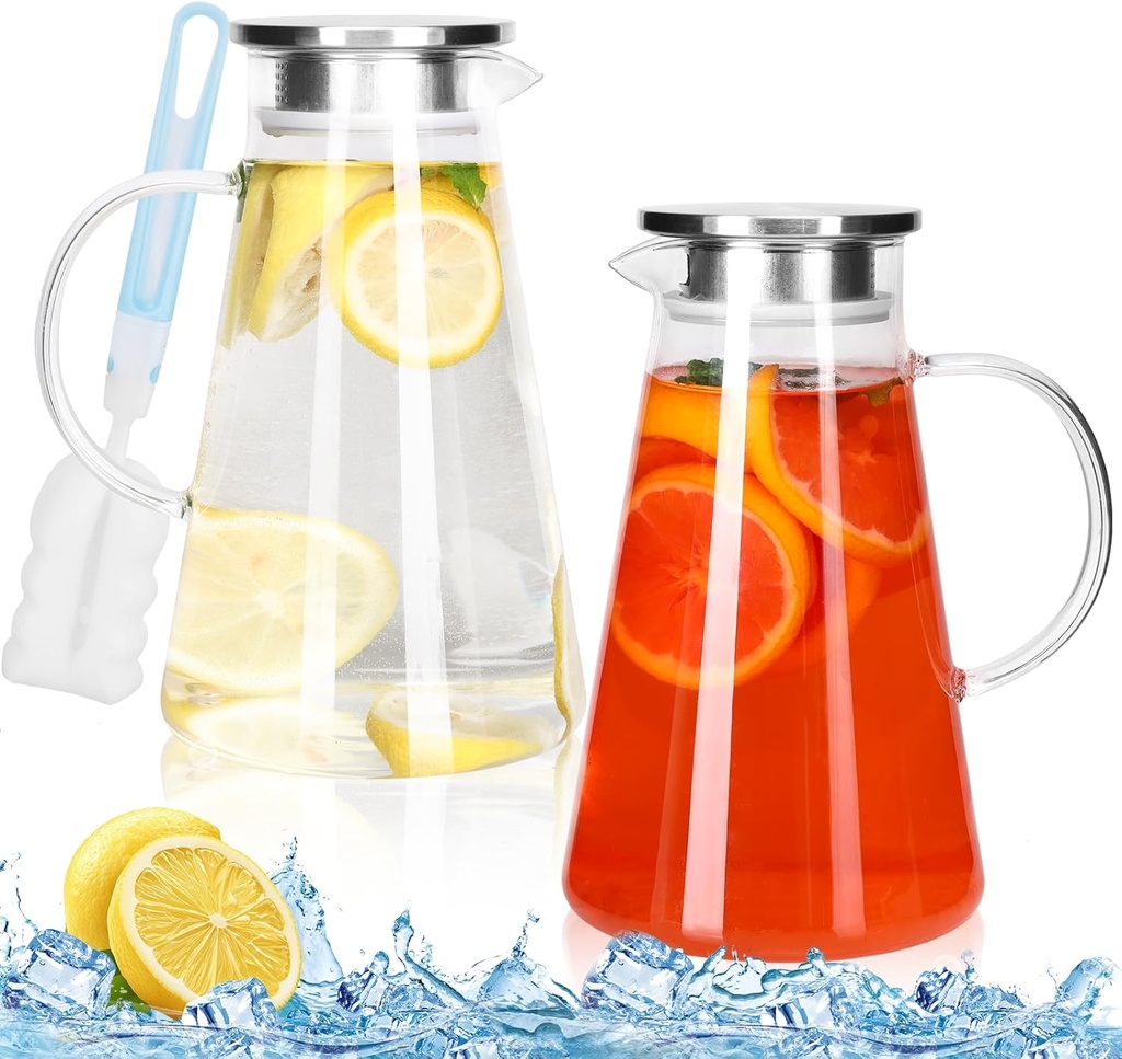 TOMNK 2pcs Glass Pitcher with Lid and Handle, 1.8 Liter 60 oz Water Pitcher with Spout for Fridge, Borosilicate Glass Jug for Hot/Cold Drink, Large Ice Tea Carafe for Juice, Coffee, Sangria, Beverage