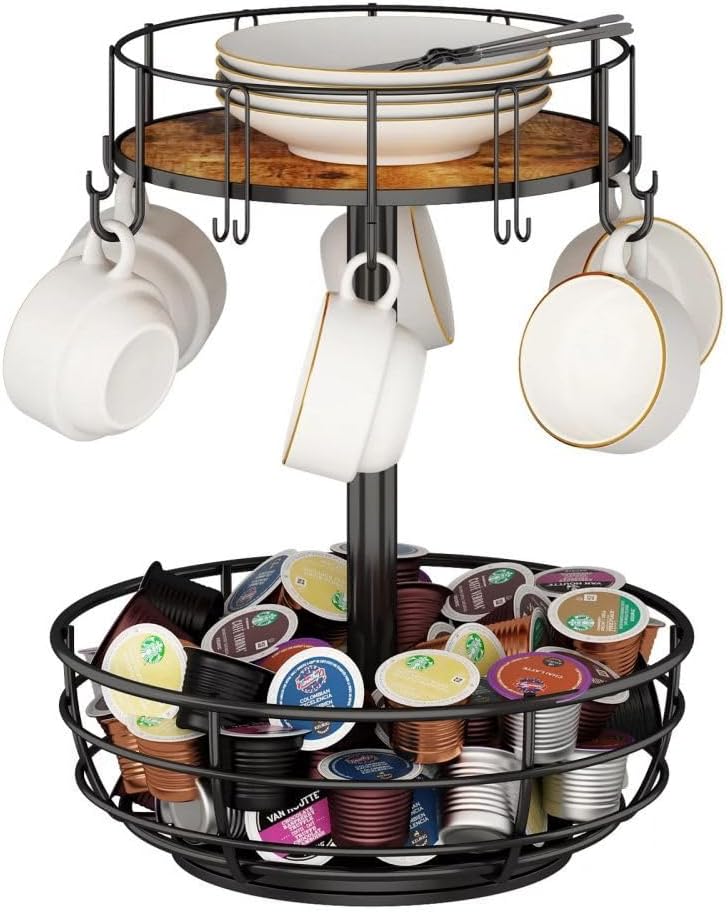 Home Storage Mug Hooks with Coffee Pod Baskets Counter Organiser Bag Holder Basket with 12 Cup Hooks Mug Stand Display Shelf Rack Organizer Metal Hooks for Kitchen Coffee Bars