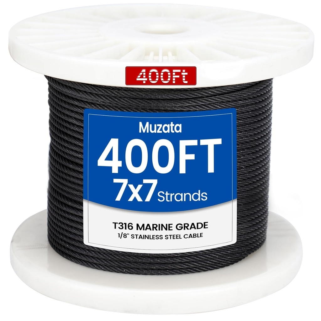Muzata 400 ft 1/8" Black Stainless Steel Cable Railing System Hardware T316 Stainless Steel Wire Rope 7x7 Strands 1800 lb Breaking Strength Black Cable Railing Kit for Indoor Outdoor WR19