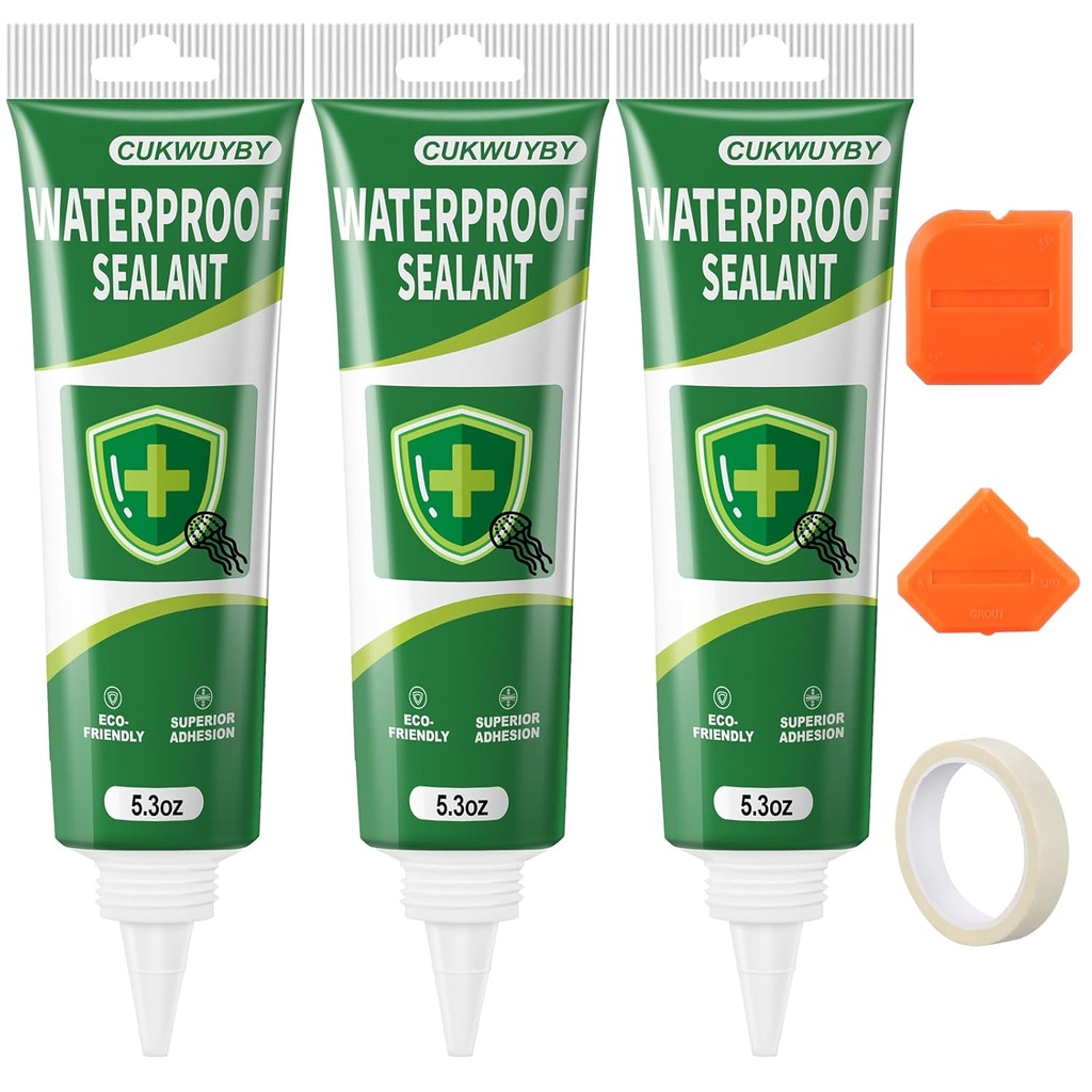 15.6 Oz Silicone Caulk (3 Pack 5.2 Oz) Squeeze Tube Waterproof Silicone Sealant for Kitchen Bathroom Stronger Adhesion White Caulk for Window Toilet Sink Caulking Sealant with Tape and Scraper