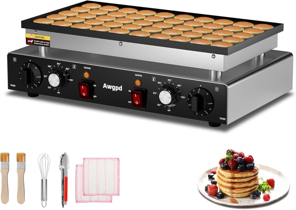 110V Mini Dutch Pancake Baker, 50PCS 1700W Commercial Electric Nonstick Waffle Maker Machine, 2 Timers Separate Control& 1.8 Inches Pancake Maker with 2 Thermostats, for Home and Restaurants