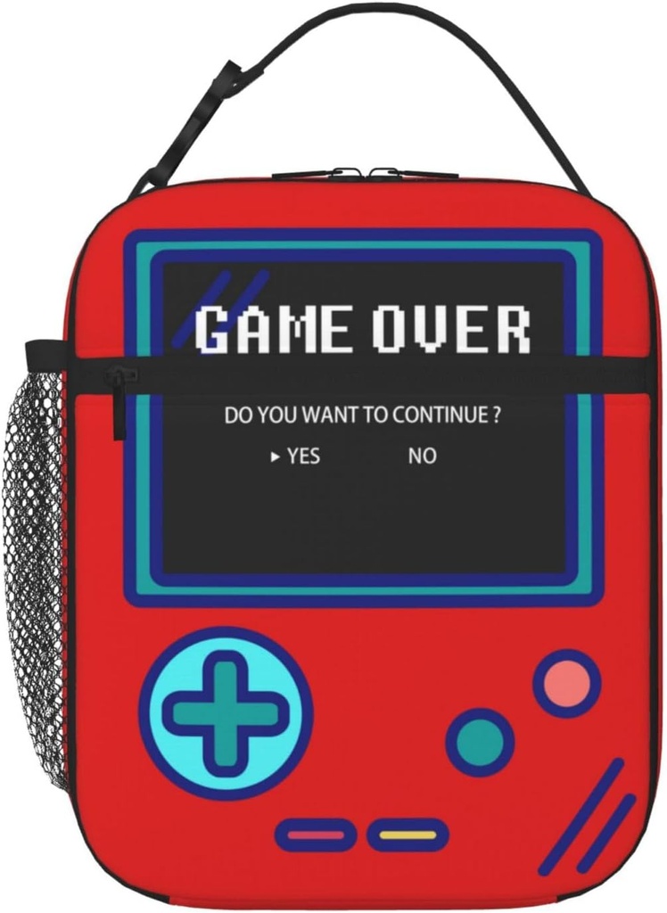 Funny Gamer Inspired Red Lunch Box Bag For Boys Girls With Mesh Pocket - Insulated For Keeping Food Fresh