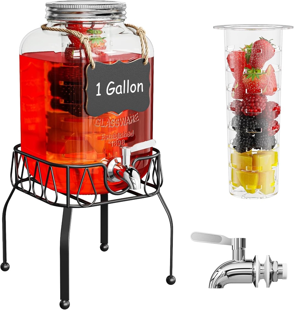 OneDream Glass Drink Dispenser for Parties, 1Gallon Beverage Dispenserd with Stand, Lemonade Dispenser with Stainless Steel Spigot and Fruit Infuser, Come with Ice Cylinder, Used as Sun Tea, Juice