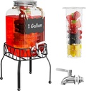 OneDream Glass Drink Dispenser for Parties, 1Gallon Beverage Dispenserd with Stand, Lemonade Dispenser with Stainless Steel Spigot and Fruit Infuser, Come with Ice Cylinder, Used as Sun Tea, Juice