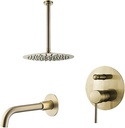 Rose Gold Shower Faucet Ceiling Arm Pop Up Diverter Hot And Cold Wall Mounted Valve 2 Function Push Knob Bathroom Tap(26cm,BRUSHED GOLD_8 INCH)
