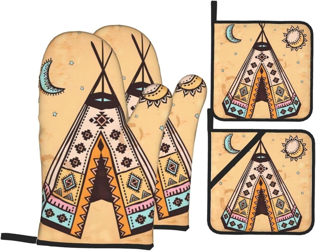 Oven Mitts Pot Holders Set Non-Slip Cooking Kitchen Gloves Native American Southwestern Navajo Art Washable Heat Resistant Oven Gloves for Microwave BBQ Baking Grilling