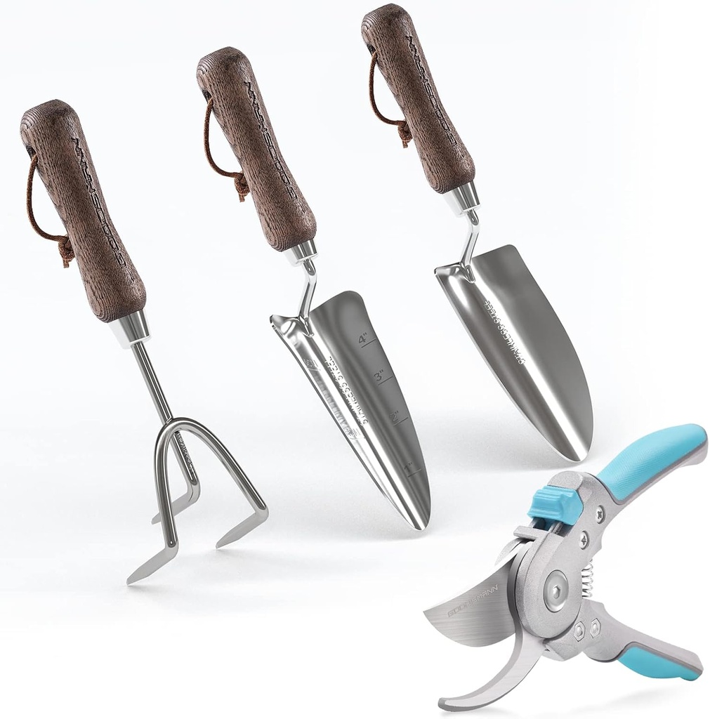 GOODSMANN Heavy Duty Garden Tools Stainless Steel Gardening Tools Set of 4 Includes Flower Garden Shovel Hand Trowel Weeding Cultivator with Wooden Handle and Garden Pruning Shears for Women/Men