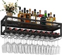 Wine Rack Wall Mounted with Wine Glass Holder,Iron Wine Storage Racks,Metal Floating Shelves,Hanging Liquor Shelf,for Home Bar Wine Cellar Living Room Kitchen Decor，Black(Size:120