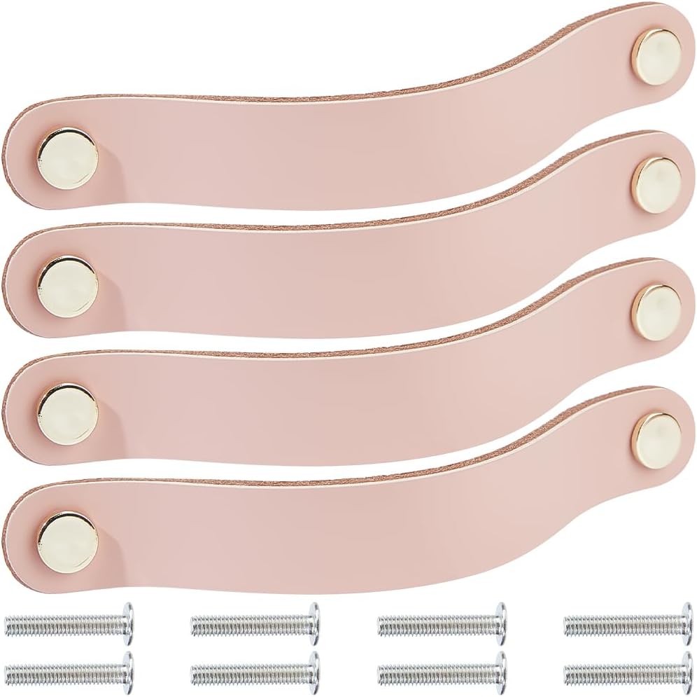 GORGECRAFT 4 Pack Genuine Leather Drawer Pulls Cabinet Handles 8 Inch Leather Hardware Dresser Decorative Handle Handmade Soft Kitchen Wardrobe Door Knobs with Screw for Furniture Cupboards (Pink)