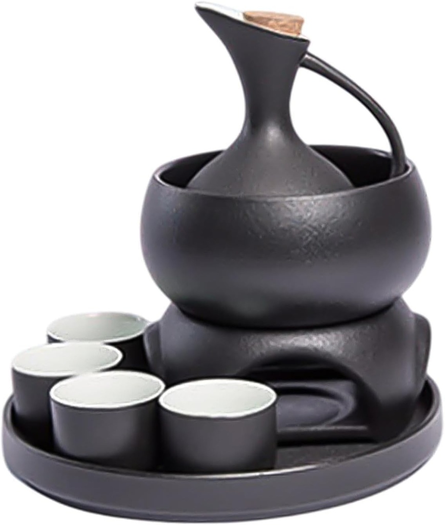 Ceramic Sake Set with Warmer Pot, 4 Cups, Traditional Japanese Drinkware, Housewarming Gift