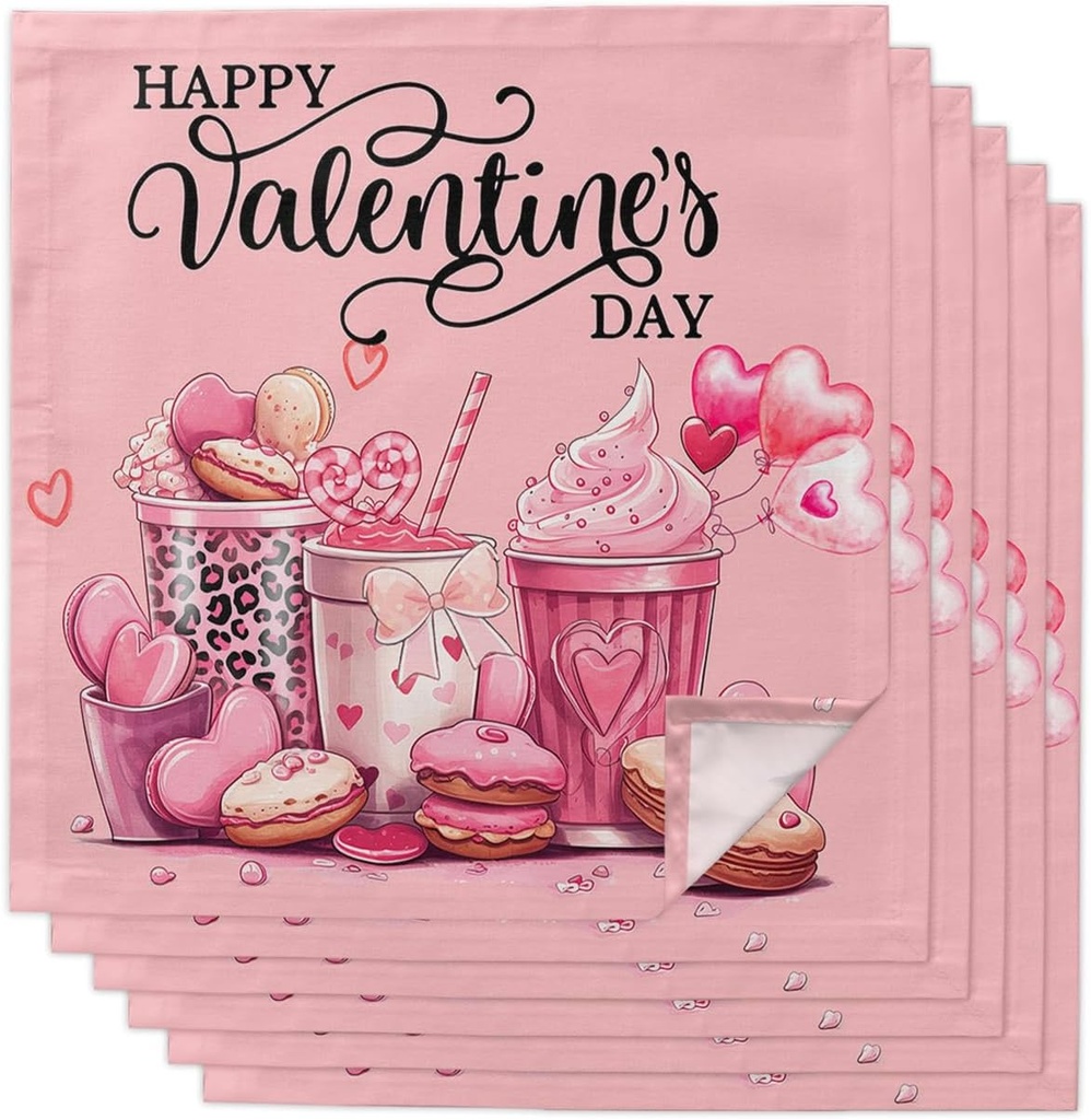 Valentine Cloth Napkins Set of 6 Pink Jar Leopard Print Cocktail Napkins Balloon Cookie Washable Soft Dinner Table Napkins for Valentines Anniversary Party Wedding Hotel Holiday Everyday Use 20x20