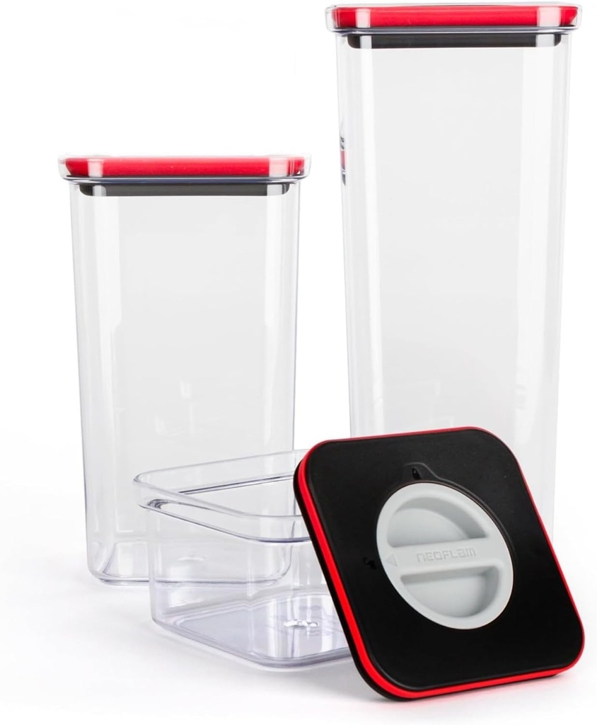 Neoflam Kitchen Pantry 3 Set Airtight Smart Seal Dry Food Storage with Lid, Modular, Stackable, Square, Clear Canister for Cereal, Sugar, Flour, Snack, Coffee, Pasta Container (0.6L, 2.1 L, 2.7L)
