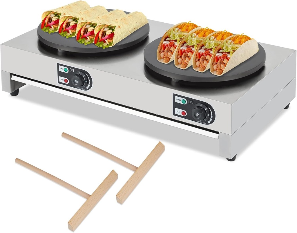 16" Commercial Electric Crepe Maker, 1500W+1500W Double Plate Pancake Maker Griddle, Adjustable Temp Control 110V Electric Crepe Machine for Blintzes, Eggs, Bacon