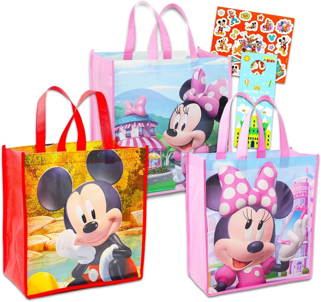 Disney Mickey & Minnie Mouse Tote Bag Set - 3 Classic Disney Reusable Grocery Bags, Travel Totes, for Party Favor Supplies, Plus Stickers