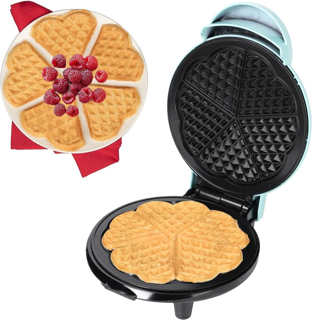 Waffle Maker 7 Inch Waffle Iron, Nonstick Easy to Clean, 700W Quick Heat-up, 5 Slides Heart Shape, Blue Azure