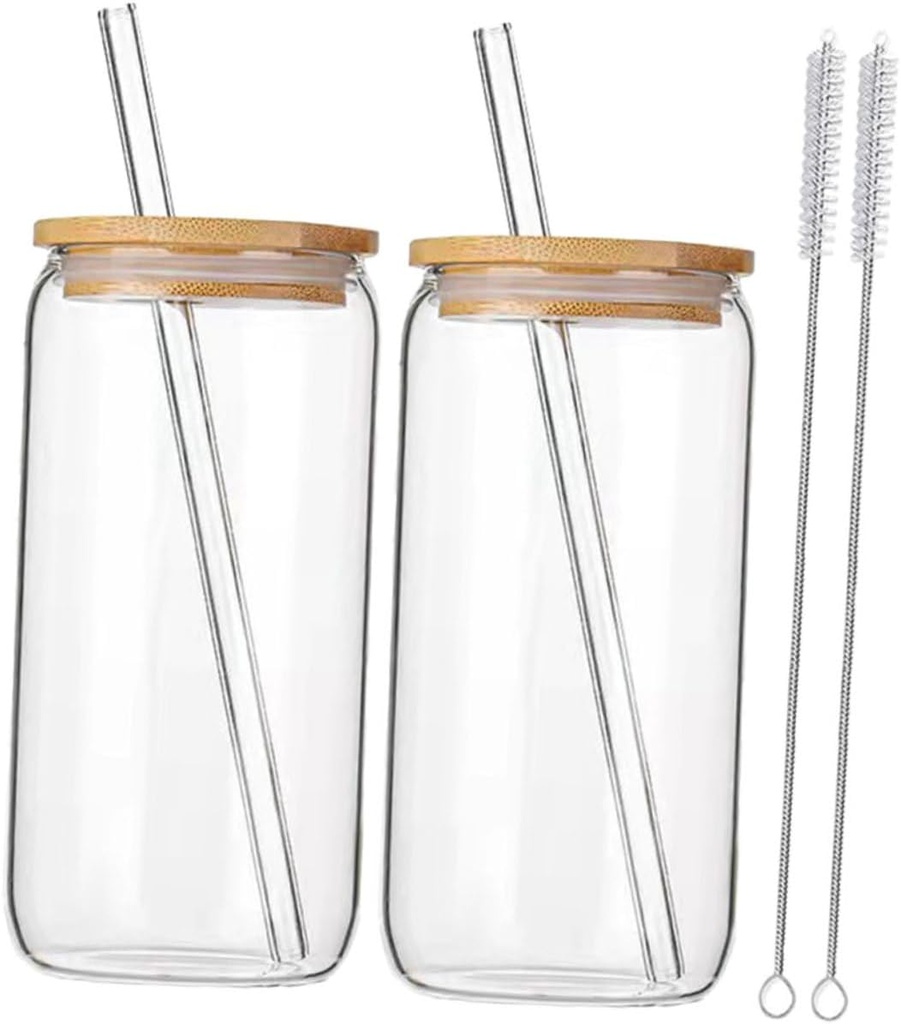 2 Sets Glass Drinking Cups with Straws Wide Mouth Tumbler for Iced Juice and Beverages Lightweight Practical and Stylish Drinkware with Cleaning Brushes
