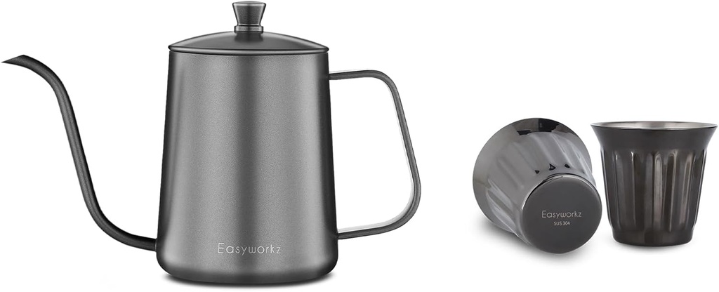 Easyworkz Gage Gooseneck Pour Over Coffee Kettle 20 oz, Black, Bundled with Easyworkz Stainless Steel Double-Wall Espresso Cups 5 oz Set of 2, Vertical Stripe Design, Gunmetal