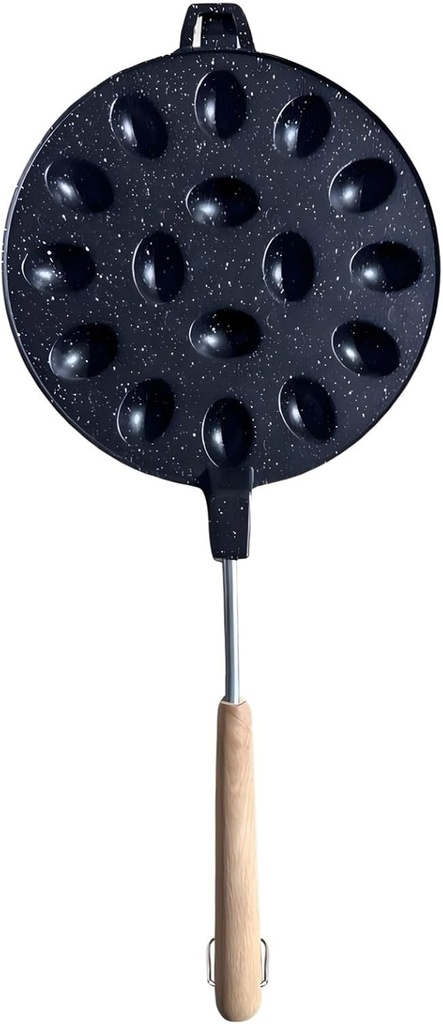 Non-Stick Egg Cake Pan, 12 Oval Cavities, Double-Sided Waffle Maker with Wooden Handle, 16.1 Inch for Gas Cooking