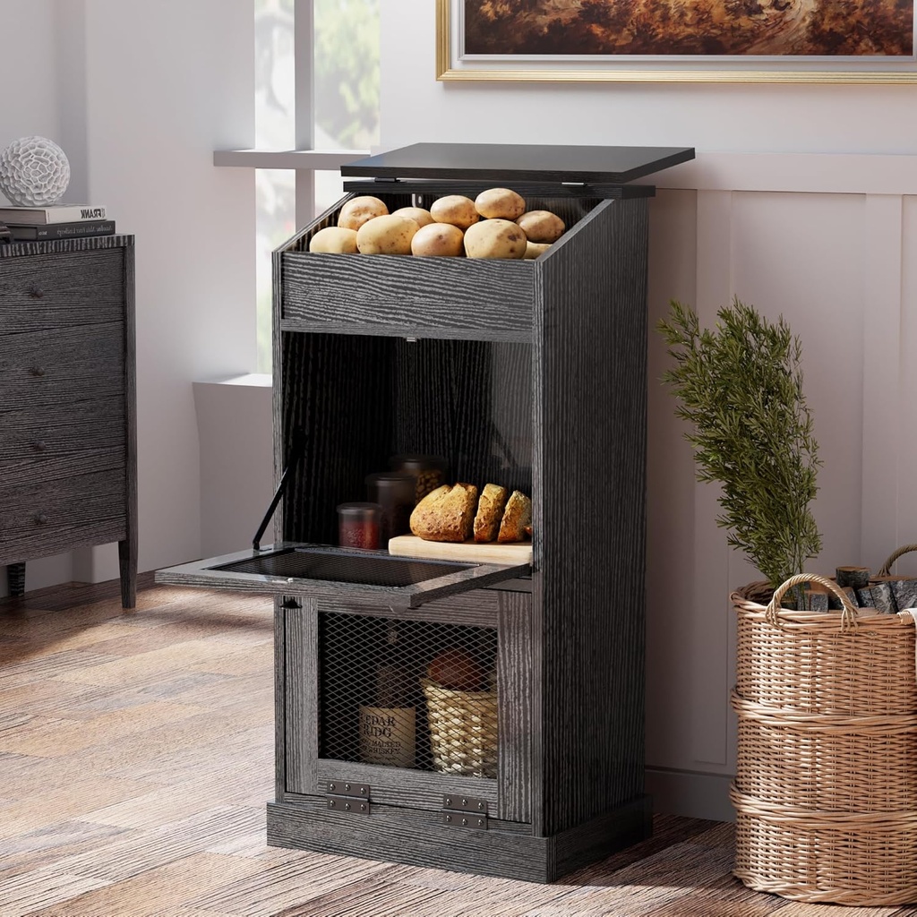 ONG Storage Wood Bin, Wooden Bread Storage Bins, Decorative Potato and Onion Storage Bin, Potato Bin with Grocery Section, Wooden Vegetable Storage Box with Lid,Black