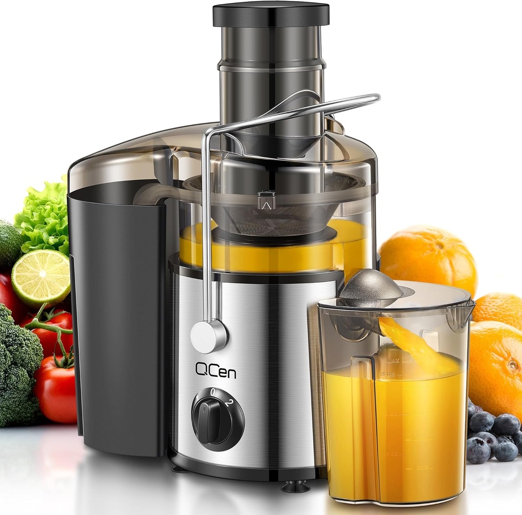 QCen Juicer Machine, 500W Centrifugal Juicer Extractor with 3” Wide Mouth Feed Chute for Fruits & Vegetables, Easy to Clean, Stainless Steel, BPA-Free