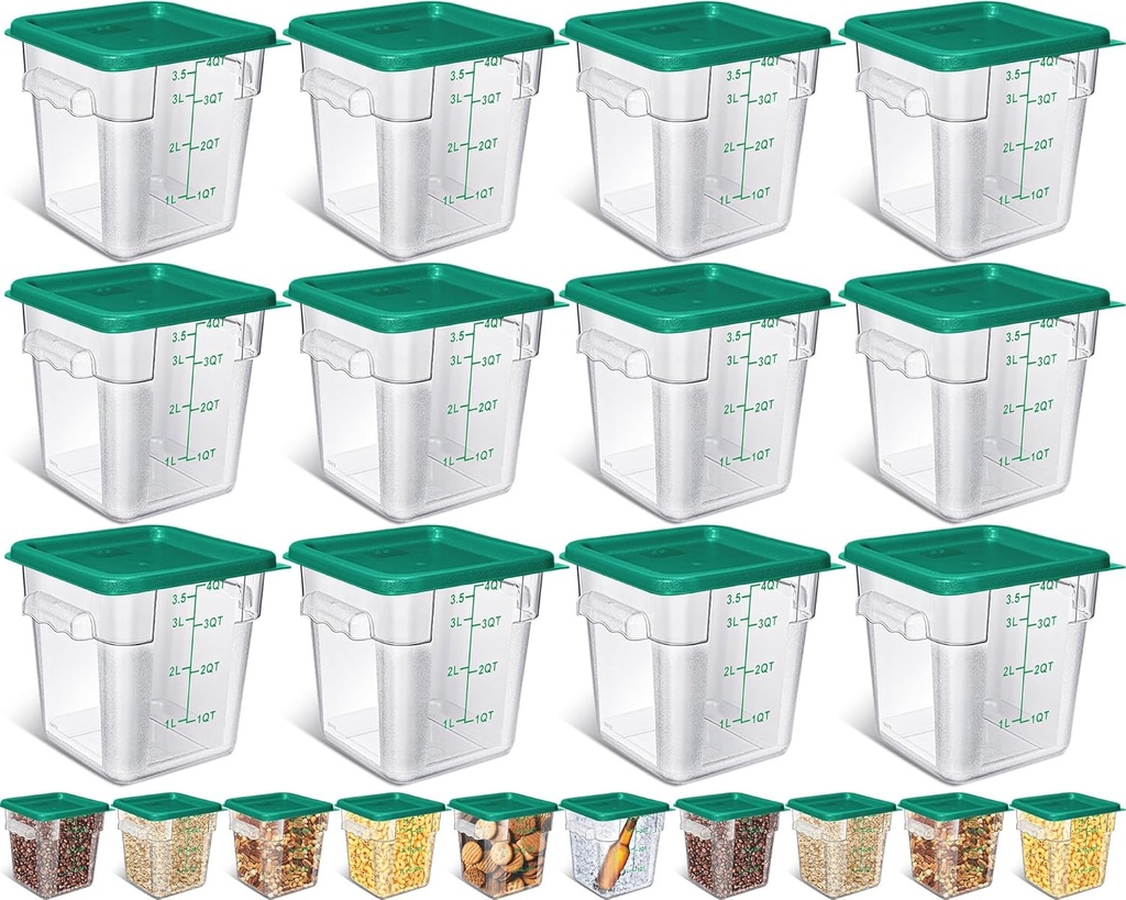 Yungyan 12 Pcs 4 Qt Commercial Food Storage Containers with Lids Restaurant Square Airtight Food Storage Containers Clear Cereal Containers for Kitchen Freezer Dishwasher Pantry(Green Lid)