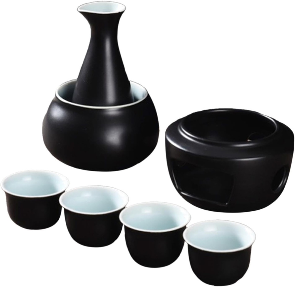Ceramic Sake Set Cups with Warmer Traditional Creative Sake Bottle Sake Drink Porcelain Pottery for Restaurant Home Gift, black