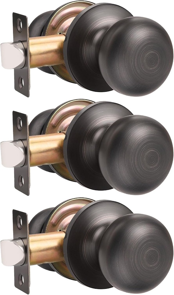 GOBEKOR Passage Door Knobs Oil Rubbed Bronze Interior Door Knob for Closet Doors, Keyless Stainless Steel Passage Knobs, 3 Pack