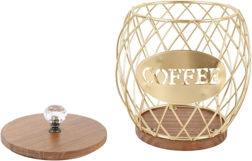 Large Capacity Coffee Capsule Organizer, Iron Pod Holder with Wood Base, K Cup Storage for Kitchen Cafe Bar, Wire Coffee Pods Basket with Lid, Coffee Bar Accessories (GOLD)