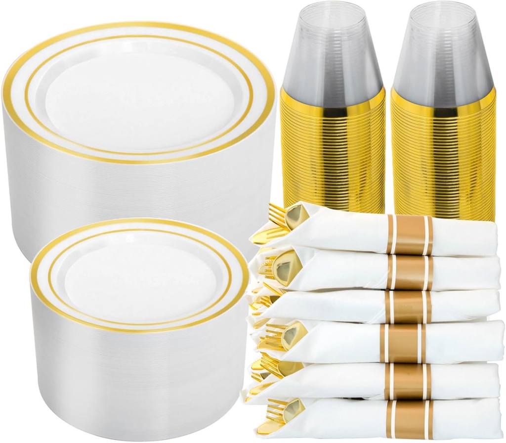 N9R 350 PCS Gold Plastic Dinnerware Set for 50 Guests, Gold Plastic Plates, Disposable Plate for Thanksgiving, Include: 50 Dinner & Dessert Plates, 50 Pre Rolled Napkins with Silverware and 50 Cups