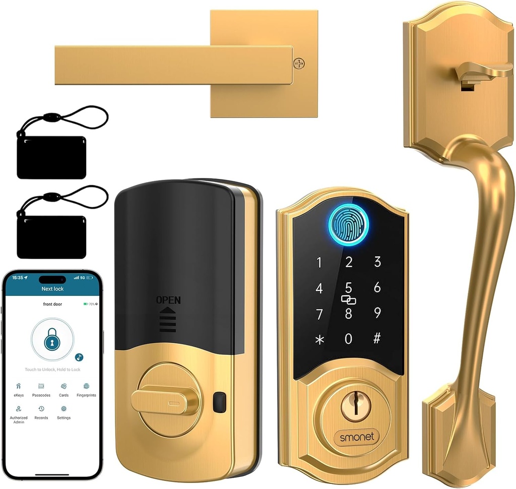 Smart Front Door Lock Set - SMONET Smart Door Lock with Handle, Keyless Entry Keypad Deadbolt, Fingerprint Smart Deadbolt Easy Install, Gold