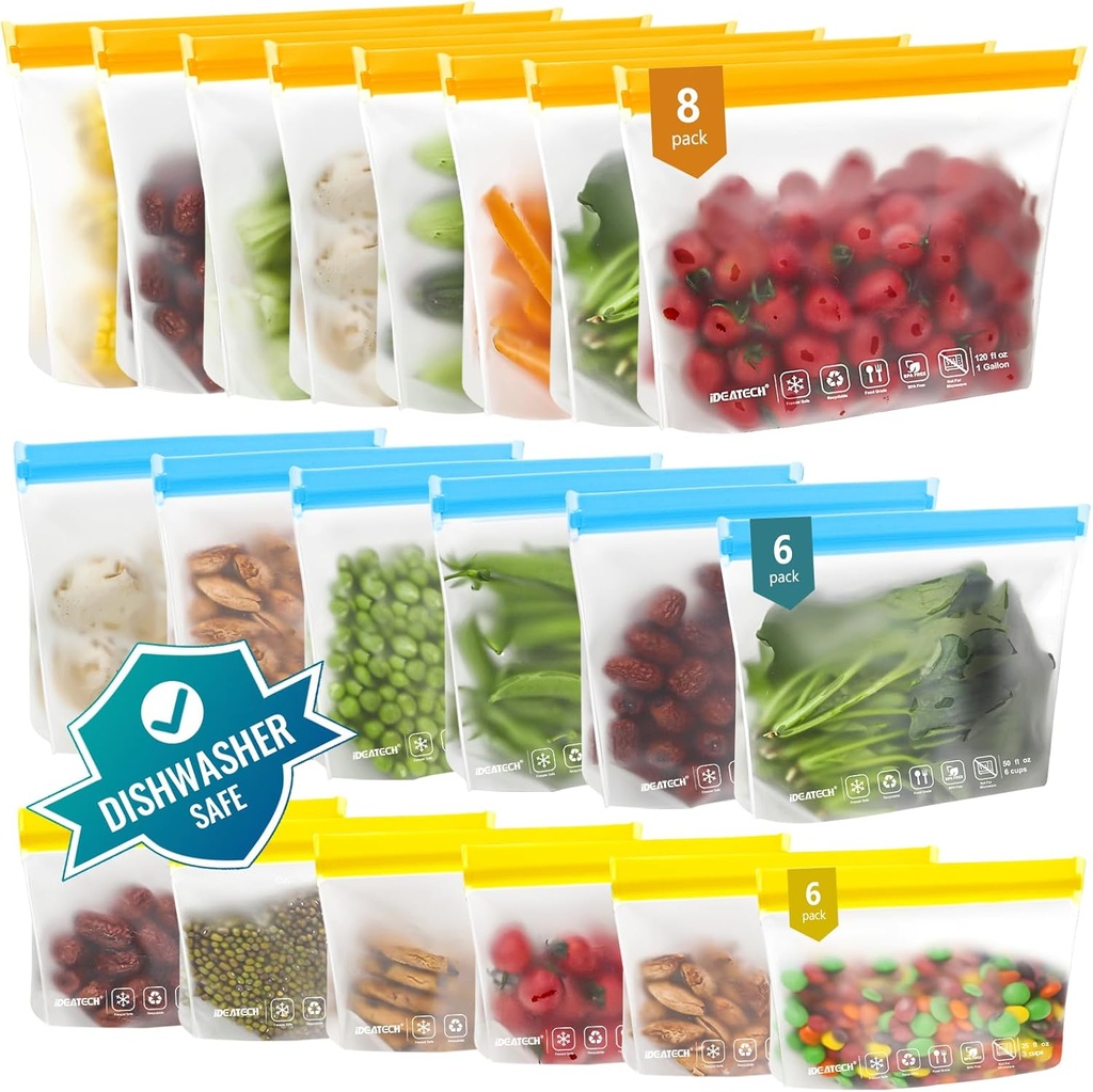 IDEATECH 20Pack Reusable Bags Dishwasher Safe, Leakproof Reusable Freezer Bags, BPA Free Healthy Food Storage Contaizers Sandwich Snack Baggies for Lunch Travel(8 Gallon 6 Quart 6 Snack,Colored)