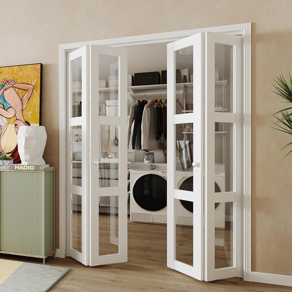 BARNER HOME Bifold Door, 3-lite Clear Glass Closet Door for 60"x 80" Opening, Folding Doors with Hardware Kits, MDF, White Multifold Interior Doors