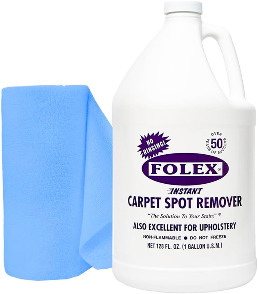 FOLEX Instant Carpet Spot Remover 128 oz - Powerful Stain Remover for Carpets, Upholstery & Rugs - Eliminates Pet Stains, Grease, Red Wine, Food, Makeup & More - With Reusable Cleaning Cloth - 1 Pack